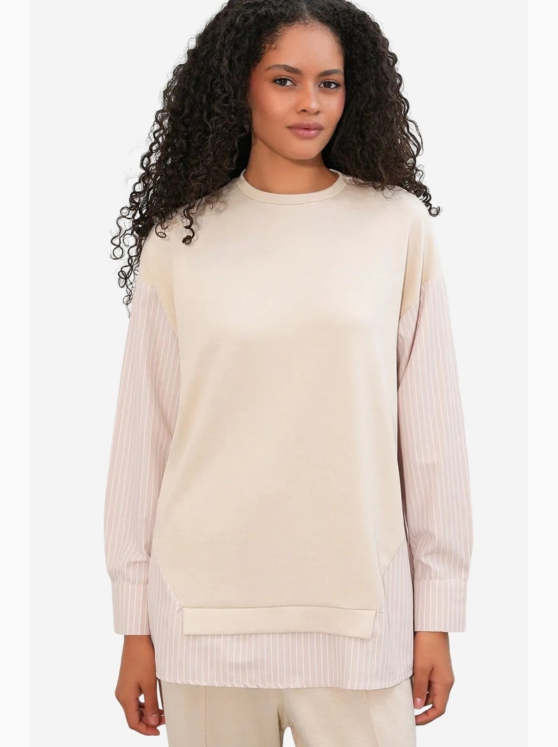 Conjunto co-ord de duas peças às riscas comprido com decote redondo bdart Creme - Kiabi
