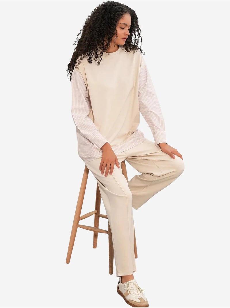Conjunto co-ord de duas peças às riscas comprido com decote redondo bdart Creme - Kiabi