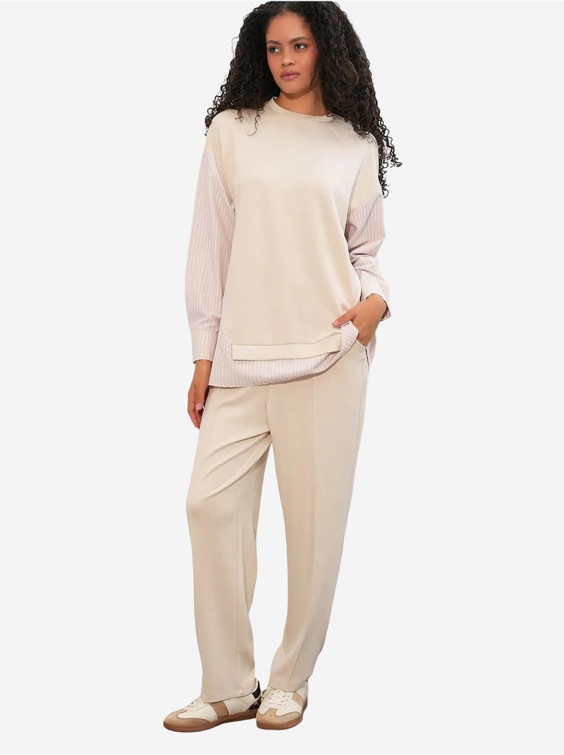 Conjunto co-ord de duas peças às riscas comprido com decote redondo bdart Creme - Kiabi