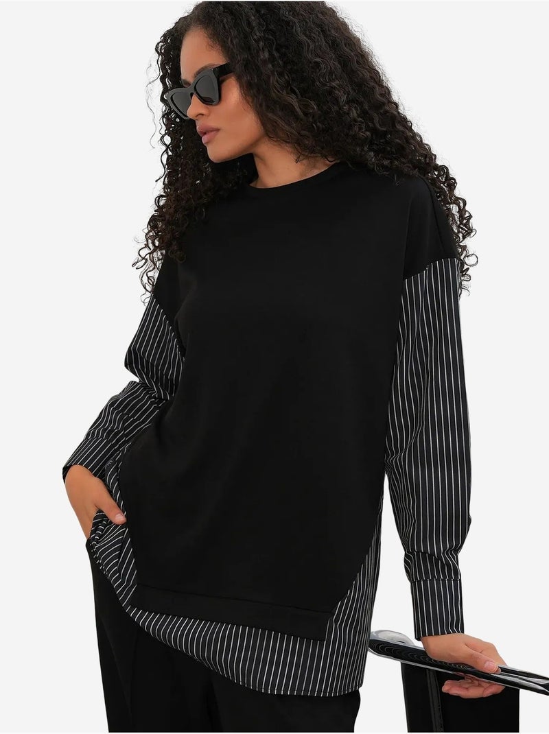 Conjunto co-ord de duas peças às riscas comprido com decote redondo bdart Preto - Kiabi