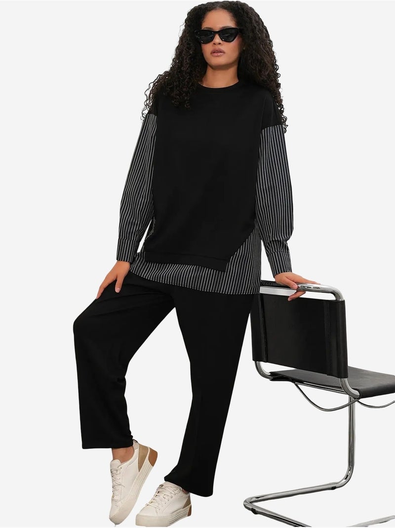 Conjunto co-ord de duas peças às riscas comprido com decote redondo bdart Preto - Kiabi