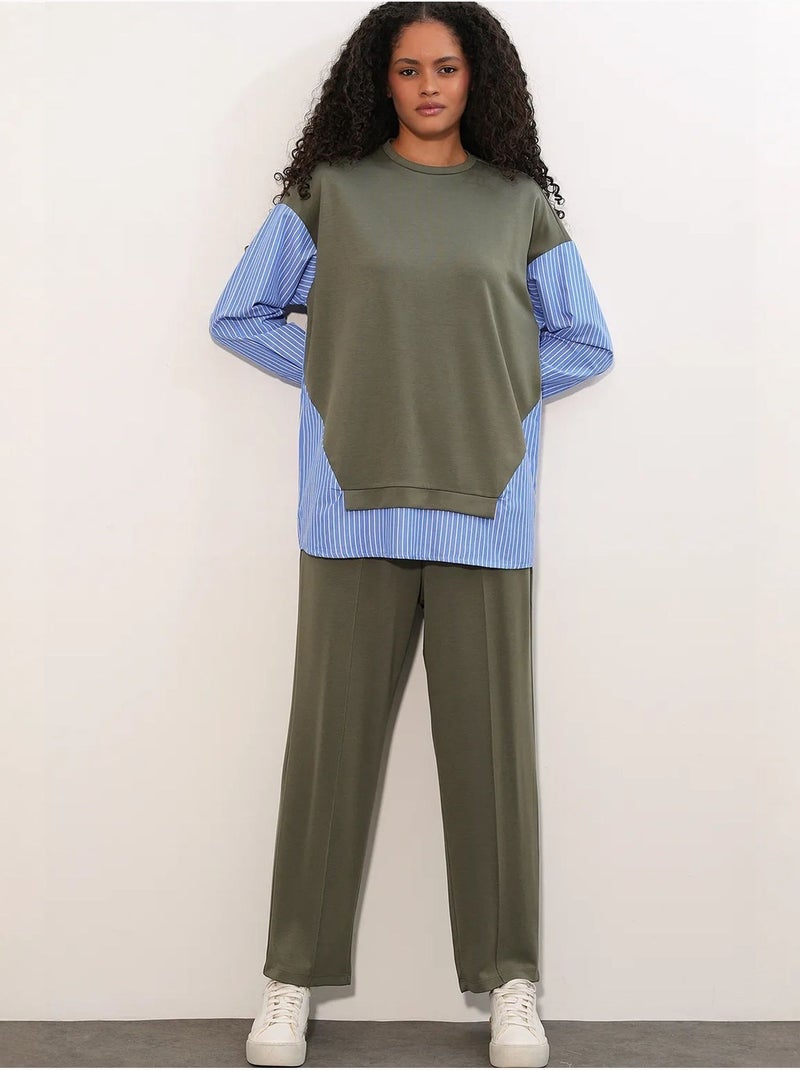 Conjunto co-ord de duas peças às riscas comprido com decote redondo bdart Verde cáqui - Kiabi