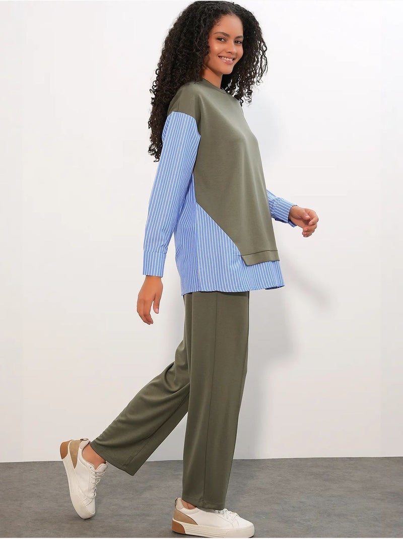 Conjunto co-ord de duas peças às riscas comprido com decote redondo bdart Verde cáqui - Kiabi