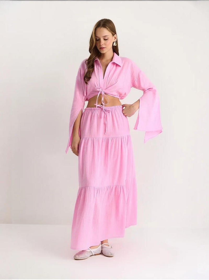 Conjunto co-ord de duas peças com camisa e saia com folhos lucci Rosa-claro - Kiabi