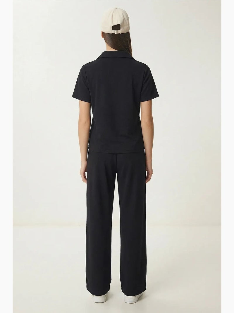Conjunto co-ord de duas peças com cintura média e gola polo istanbul Preto - Kiabi