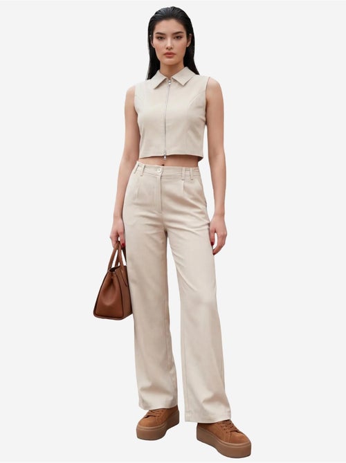 Conjunto co-ord de duas peças com colete sem mangas com fecho e calças de perna larga my fashion - Kiabi Conjunto co-ord de duas peças com colete sem mangas com fecho e calças de perna larga my fashion - Kiabi