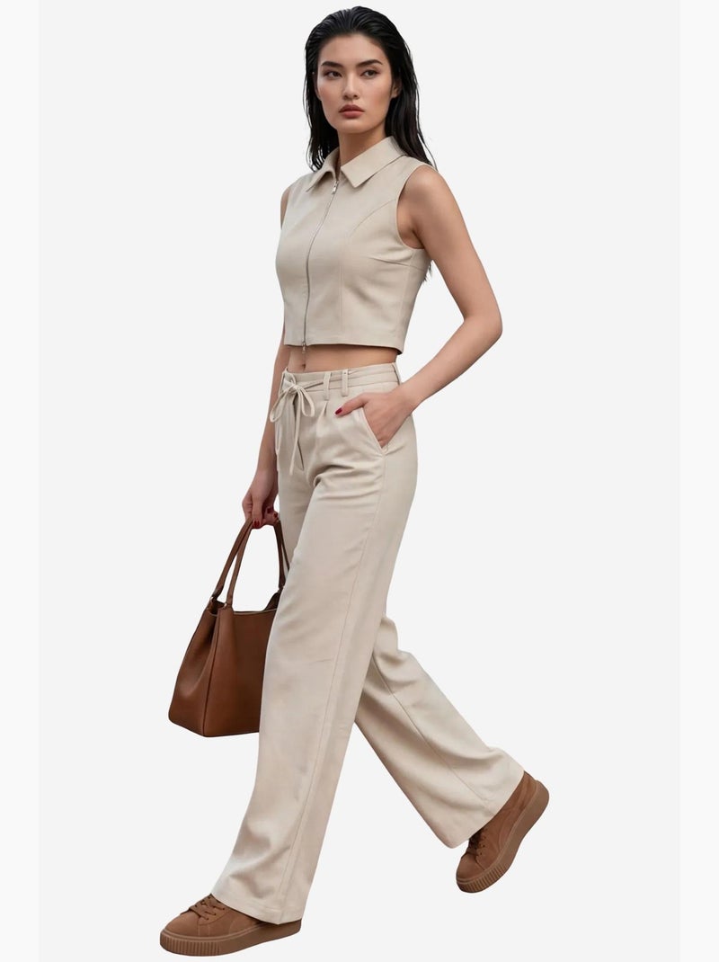 Conjunto co-ord de duas peças com colete sem mangas com fecho e calças de perna larga my fashion Bege-argila - Kiabi