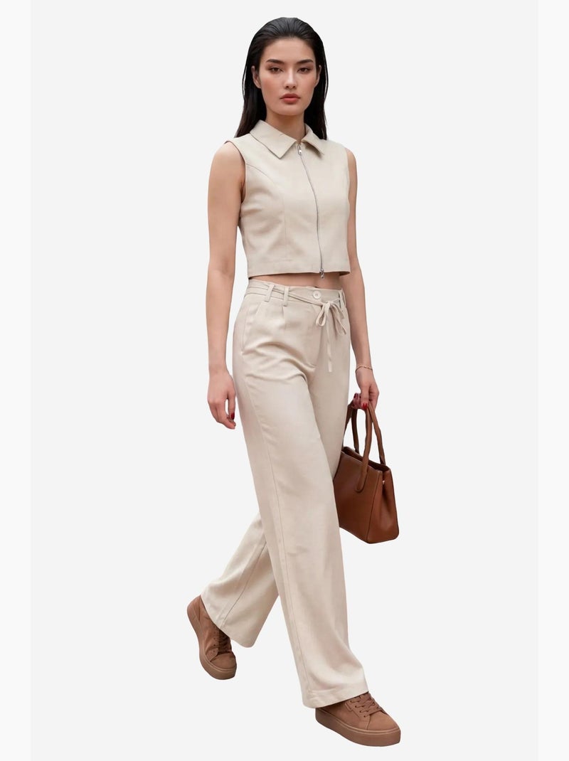 Conjunto co-ord de duas peças com colete sem mangas com fecho e calças de perna larga my fashion Bege-argila - Kiabi