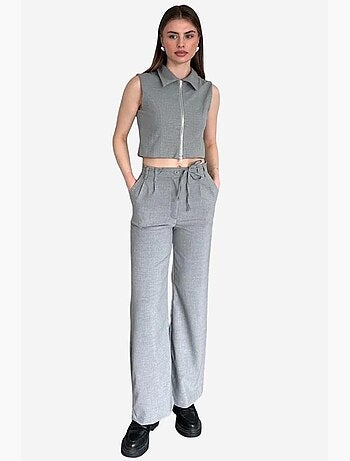 Conjunto co-ord de duas peças com colete sem mangas com fecho e calças de perna larga my fashion