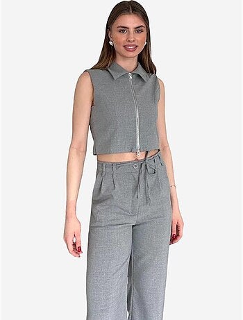 Conjunto co-ord de duas peças com colete sem mangas com fecho e calças de perna larga my fashion