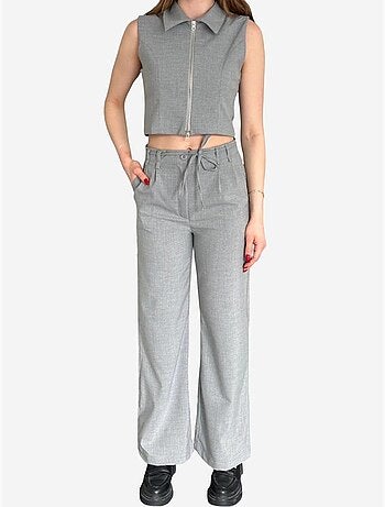Conjunto co-ord de duas peças com colete sem mangas com fecho e calças de perna larga my fashion