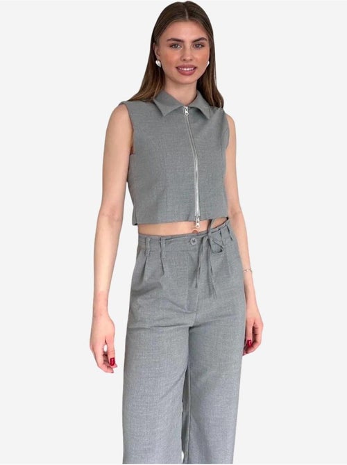 Conjunto co-ord de duas peças com colete sem mangas com fecho e calças de perna larga my fashion - Kiabi Conjunto co-ord de duas peças com colete sem mangas com fecho e calças de perna larga my fashion - Kiabi
