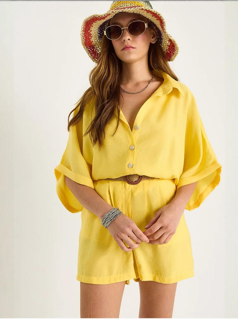 Conjunto co-ord de duas peças de cintura subida com botões lucci Amarelo-limão - Kiabi