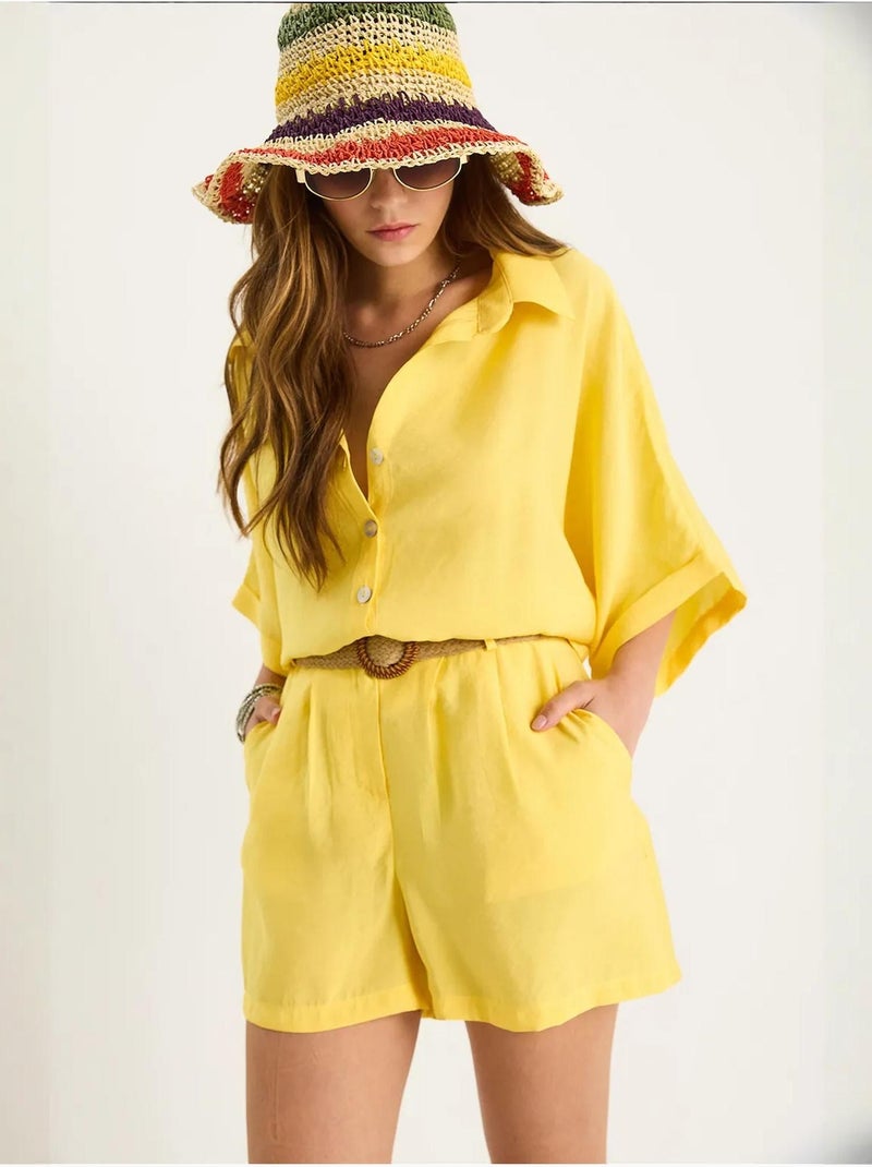 Conjunto co-ord de duas peças de cintura subida com botões lucci Amarelo-limão - Kiabi