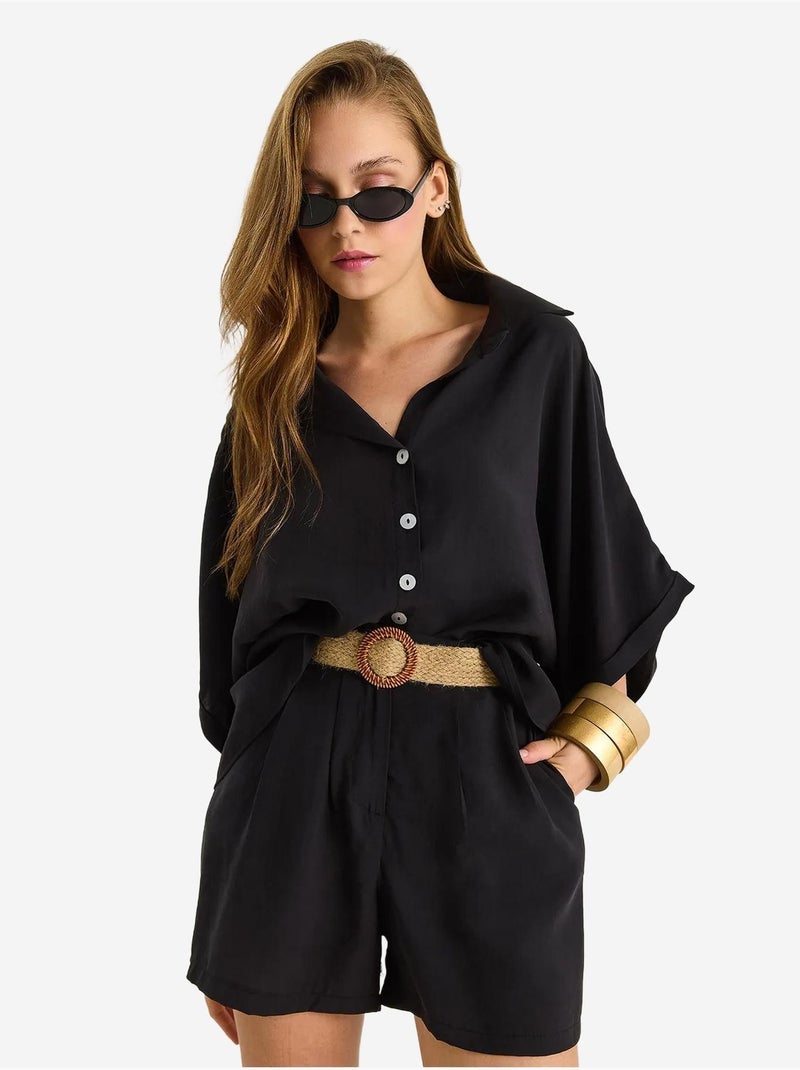 Conjunto co-ord de duas peças de cintura subida com botões lucci Preto - Kiabi