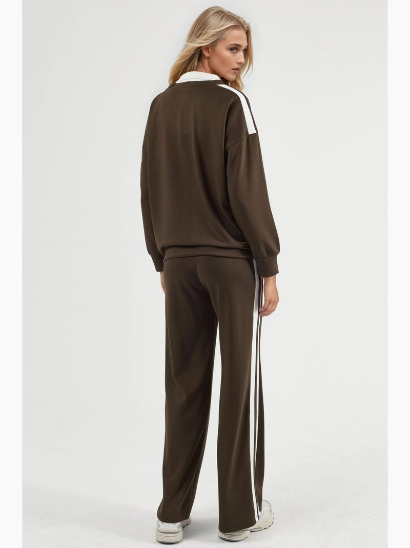 Conjunto co-ord de duas peças modal touch com gola com fecho e perna larga, hiccup Castanho-chocolate - Kiabi