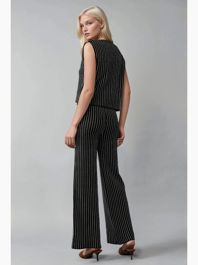 Conjunto co-ord de malha às riscas com colete de decote em v e calças de perna larga my fashion Preto - Kiabi