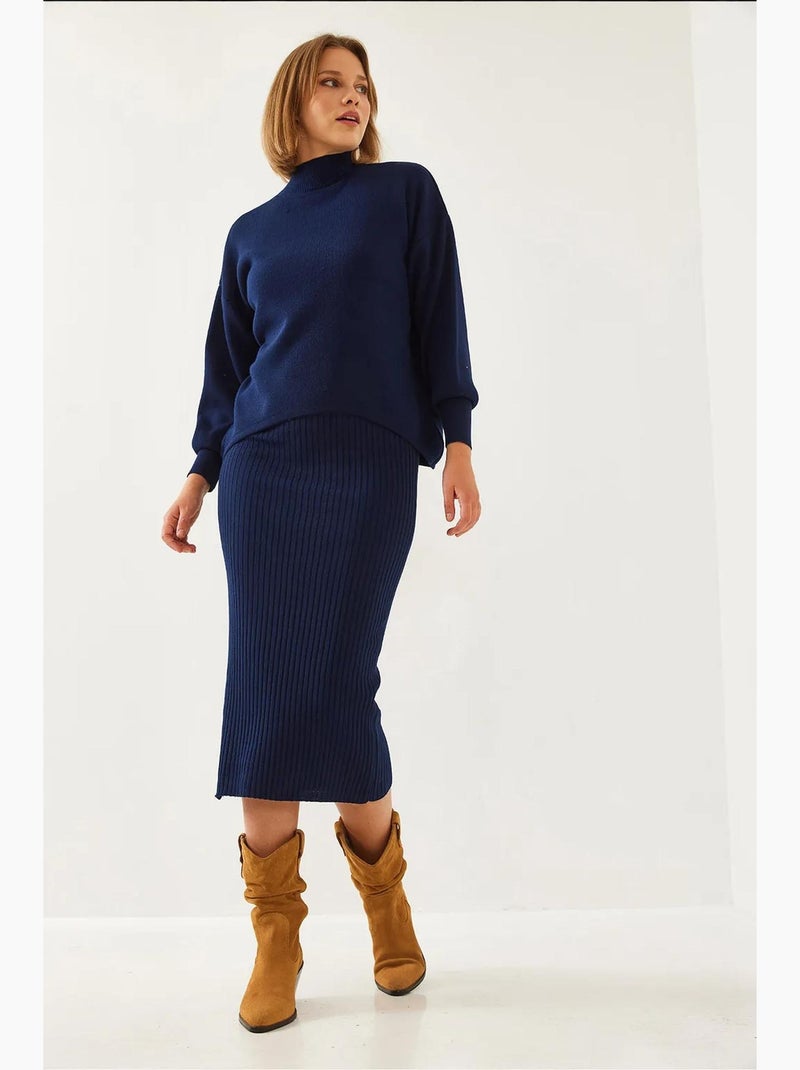 Conjunto co-ord de malha canelada com gola alta lucci Azul-marinho - Kiabi