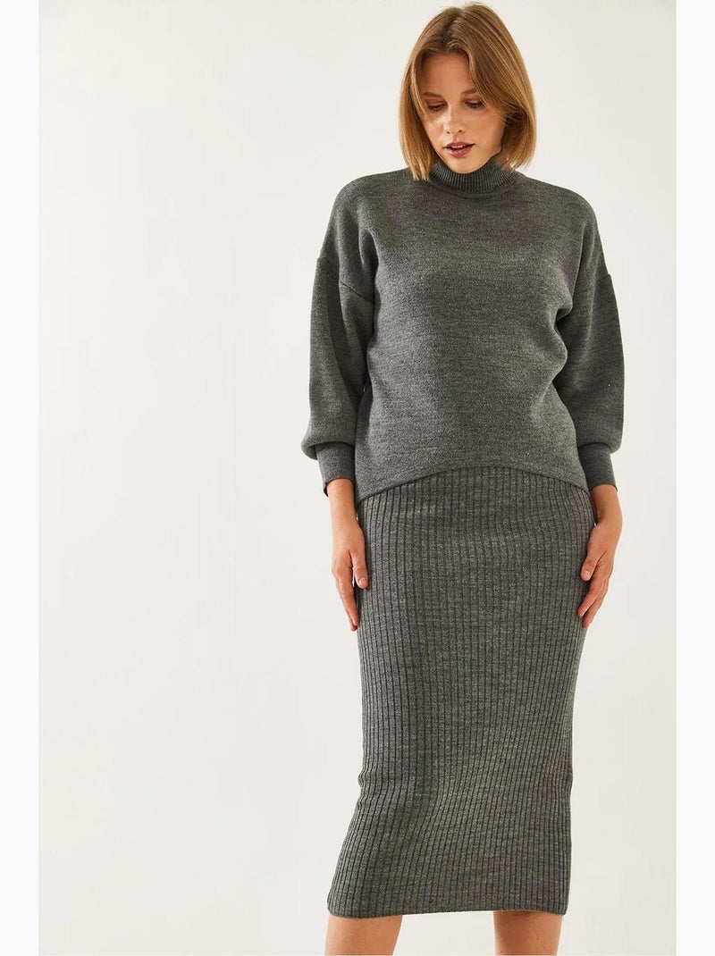 Conjunto co-ord de malha canelada com gola alta lucci Cinza-preto - Kiabi
