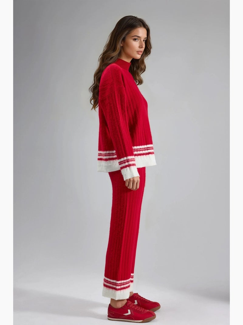 Conjunto co-ord em malha canelada às riscas com meia gola alta my fashion Vermelho - Kiabi