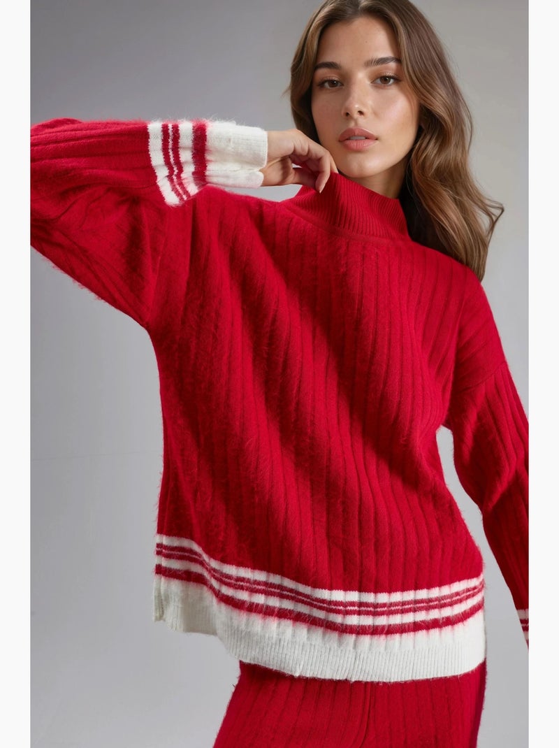 Conjunto co-ord em malha canelada às riscas com meia gola alta my fashion Vermelho - Kiabi