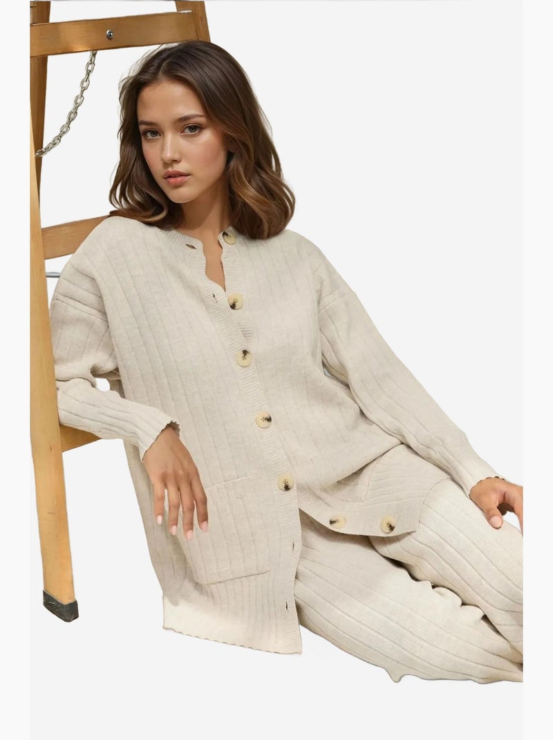 Conjunto co-ord em malha texturada com detalhe de botões hiccup Bege-argila - Kiabi