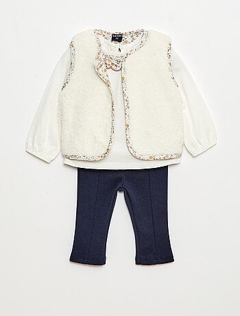 Conjunto colete efeito lã de ovelha + t-shirt + leggings - 3 peças