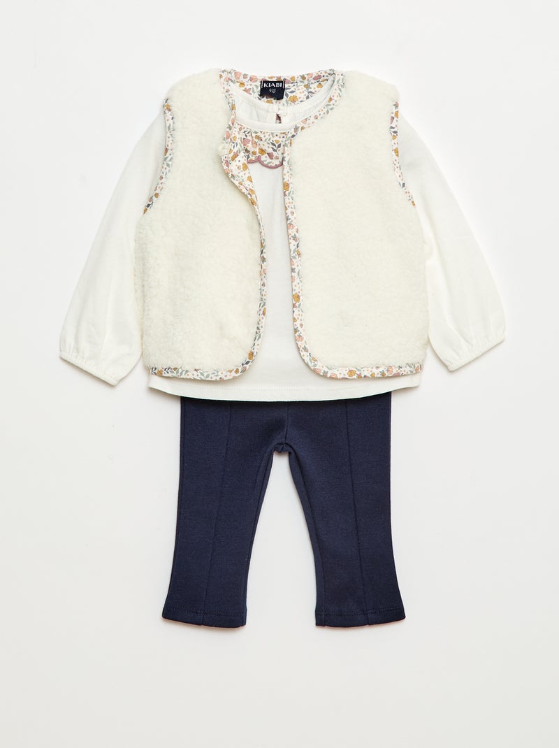 Conjunto colete efeito lã de ovelha + t-shirt + leggings - 3 peças Branco - Kiabi