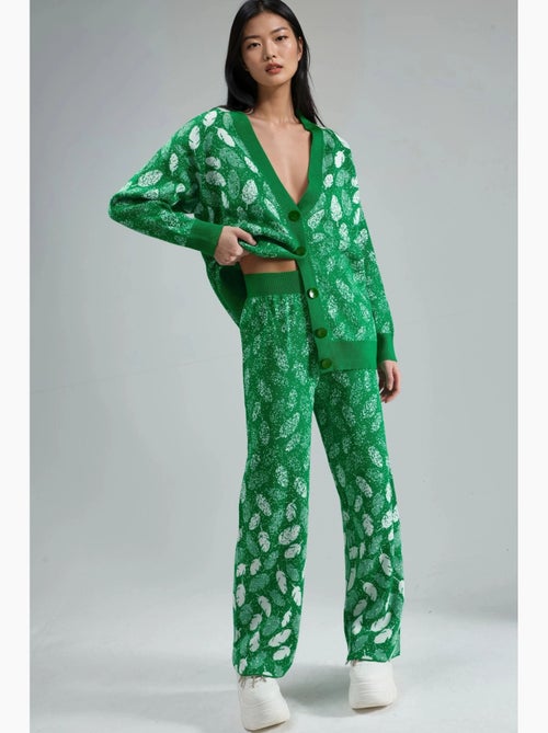 Conjunto com casaco de malha jacquard com decote em v e calças de perna larga my fashion - Kiabi