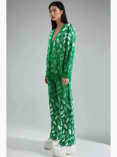 Conjunto com casaco de malha jacquard com decote em v e calças de perna larga my fashion - Kiabi