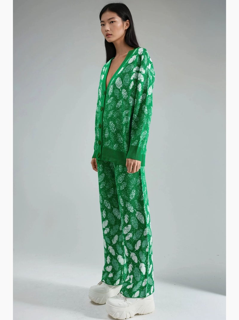 Conjunto com casaco de malha jacquard com decote em v e calças de perna larga my fashion Verde - Kiabi