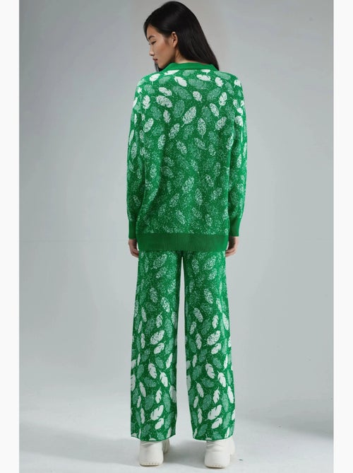 Conjunto com casaco de malha jacquard com decote em v e calças de perna larga my fashion - Kiabi