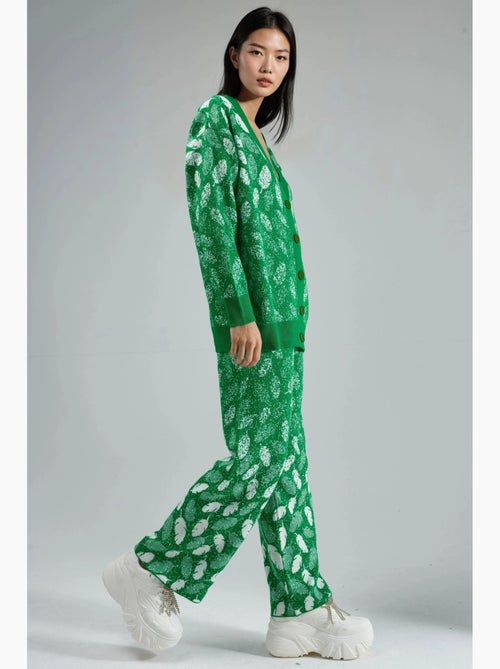 Conjunto com casaco de malha jacquard com decote em v e calças de perna larga my fashion - Kiabi
