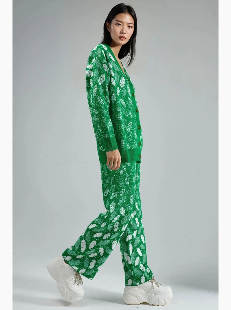 Conjunto com casaco de malha jacquard com decote em v e calças de perna larga my fashion Verde - Kiabi