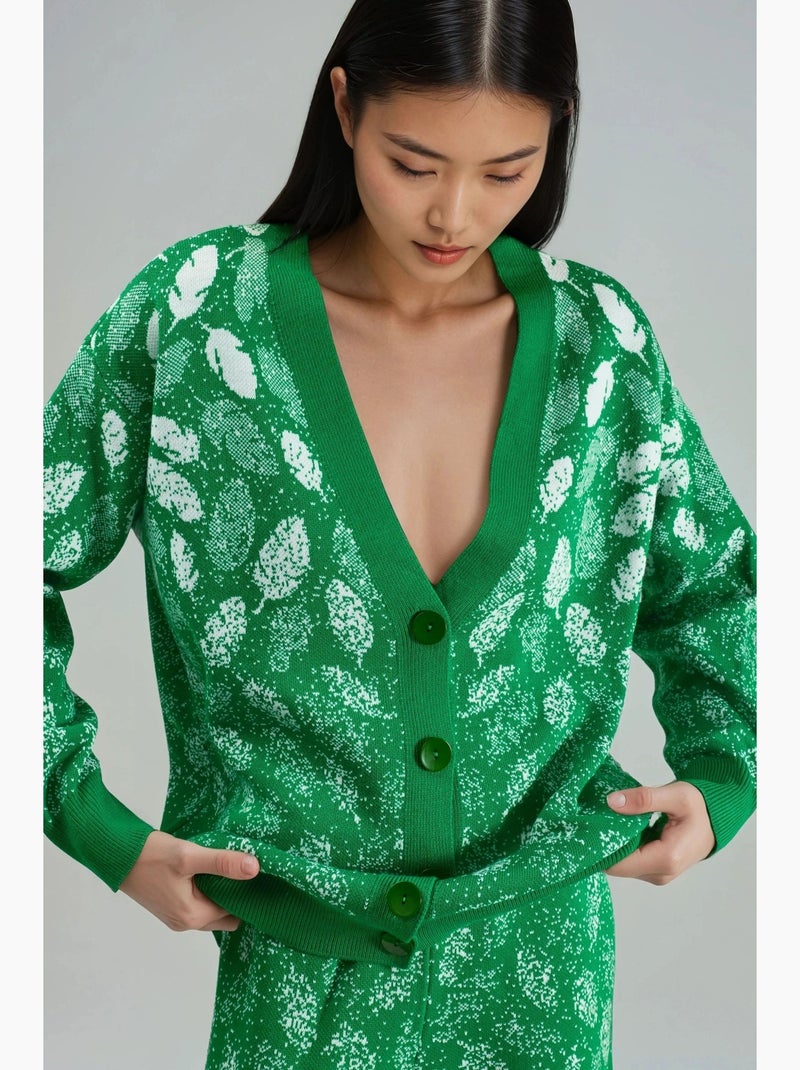 Conjunto com casaco de malha jacquard com decote em v e calças de perna larga my fashion Verde - Kiabi