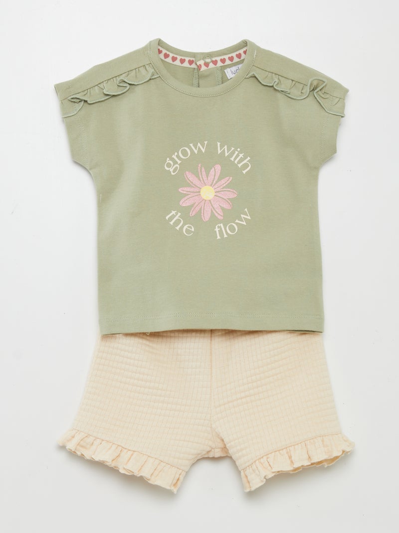 Conjunto com t-shirt estampada + calções em malha - 2 peças VERDE - Kiabi