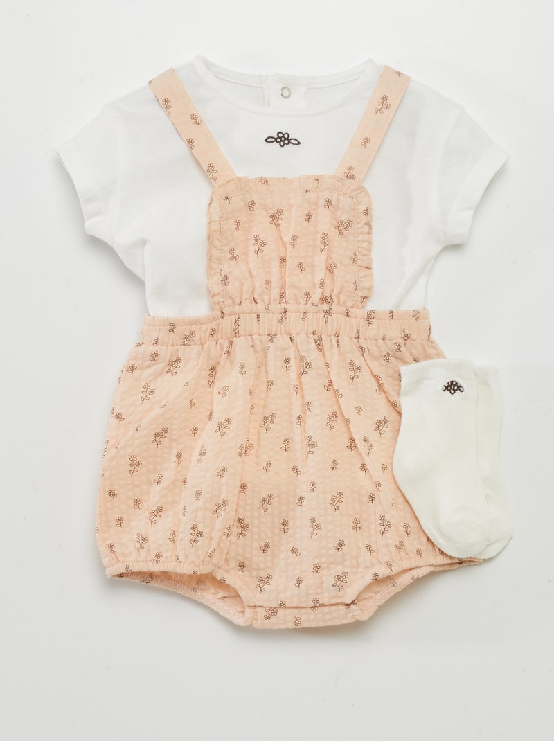 Conjunto com t-shirt + macacão curto + meias - 3 peças ROSA - Kiabi