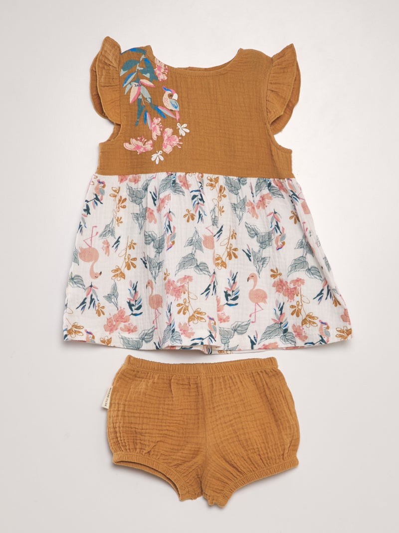 Conjunto com vestido em gaze de algodão + cuecas LARANJA - Kiabi