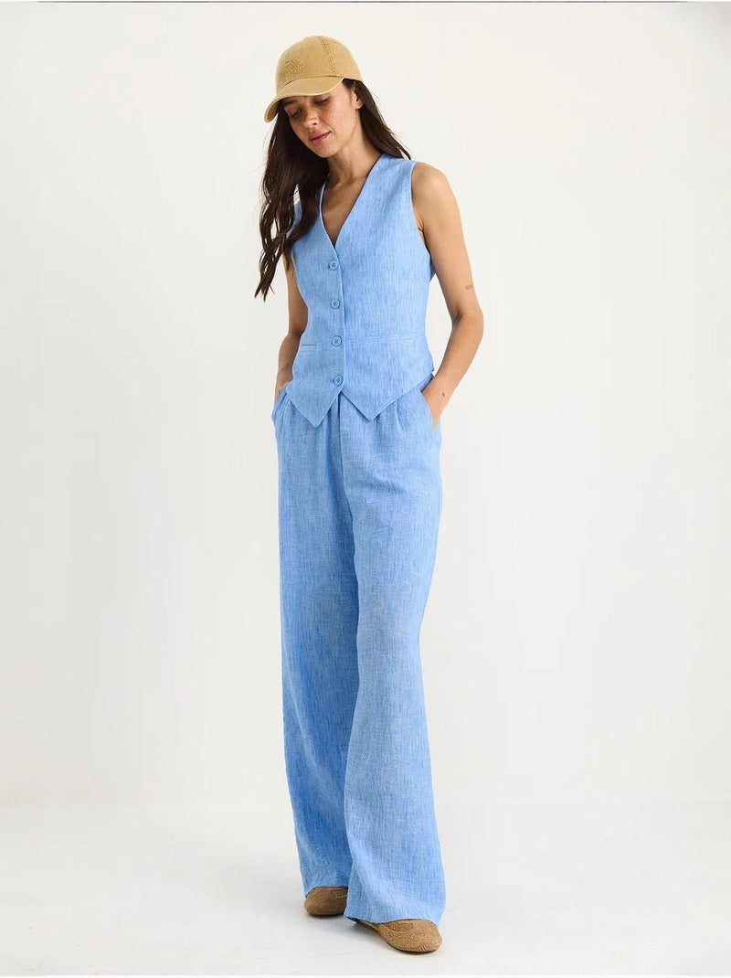 Conjunto coord de duas peças com colete de decote em v e calças de perna larga lucci Azul claro - Kiabi
