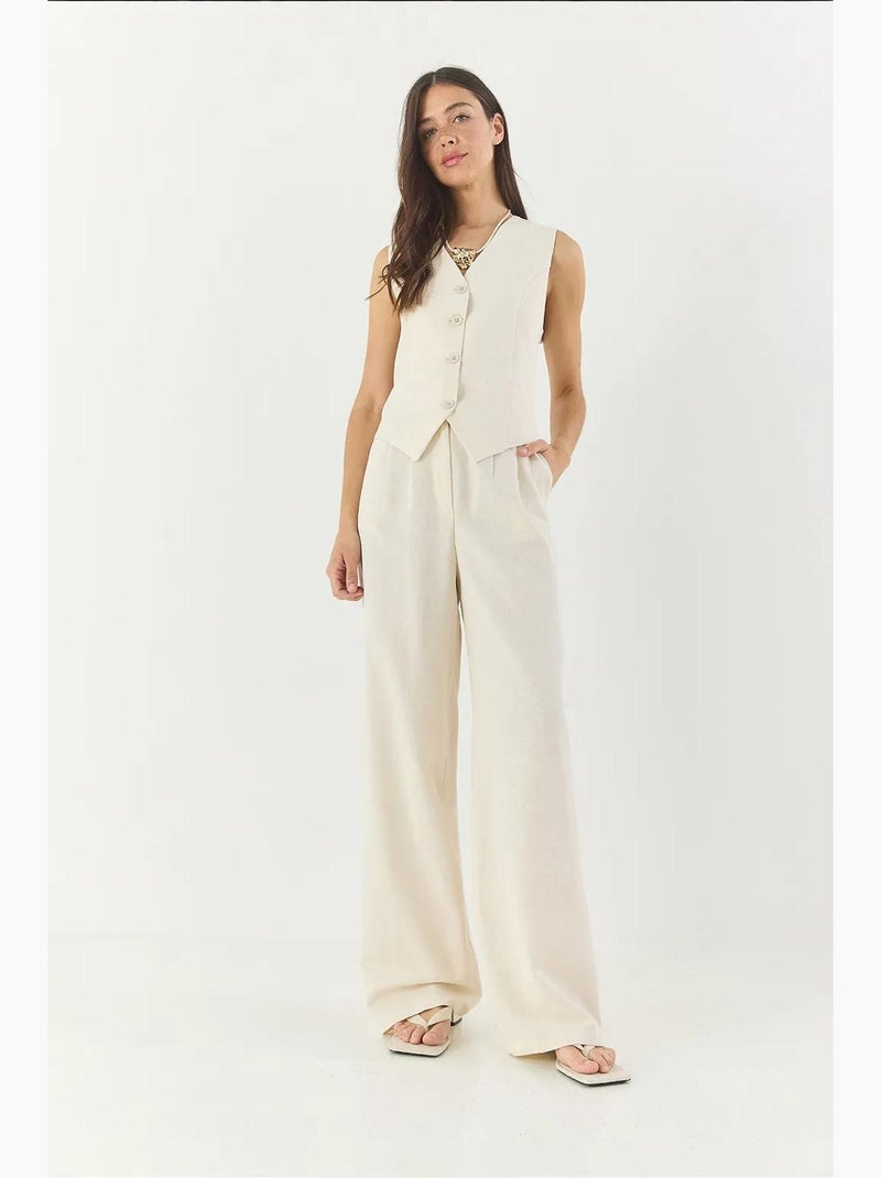Conjunto coord de duas peças com colete de decote em v e calças de perna larga lucci Branco sujo - Kiabi