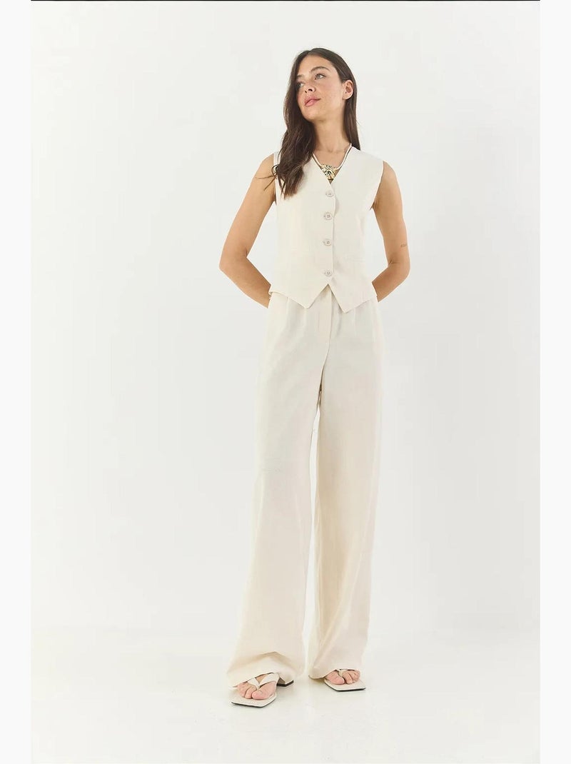 Conjunto coord de duas peças com colete de decote em v e calças de perna larga lucci Branco sujo - Kiabi