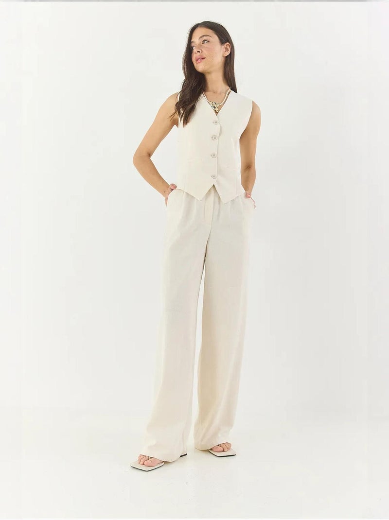 Conjunto coord de duas peças com colete de decote em v e calças de perna larga lucci Branco sujo - Kiabi