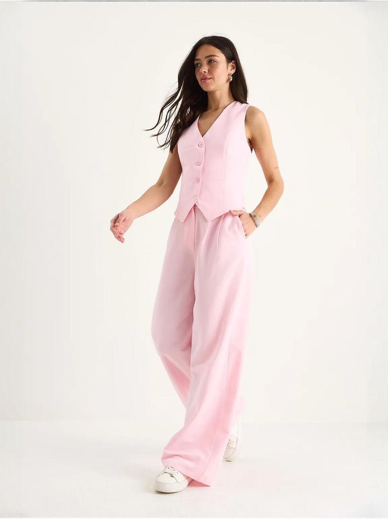 Conjunto coord de duas peças com colete de decote em v e calças de perna larga lucci Rosa - Kiabi