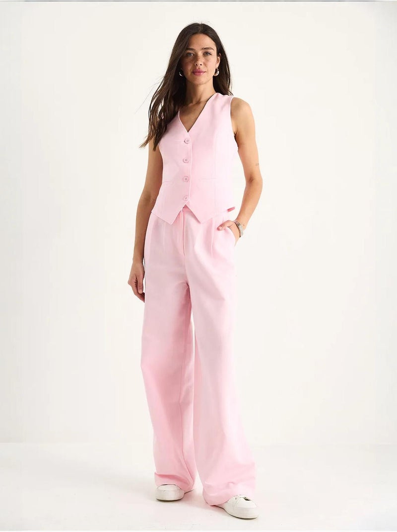 Conjunto coord de duas peças com colete de decote em v e calças de perna larga lucci Rosa - Kiabi