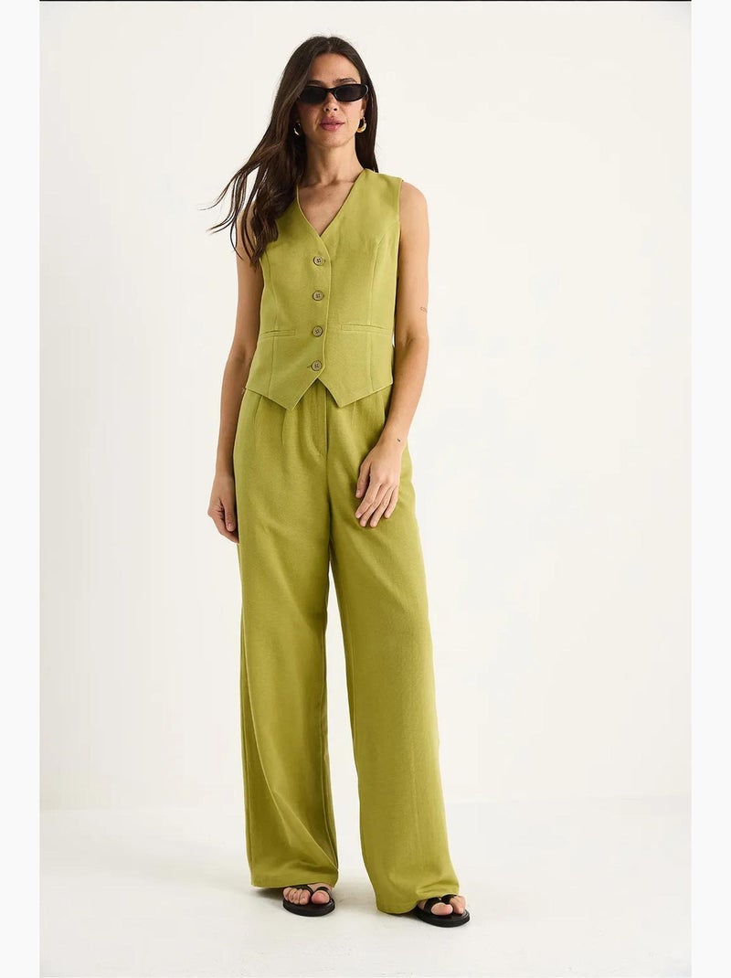 Conjunto coord de duas peças com colete de decote em v e calças de perna larga lucci Verde tília - Kiabi
