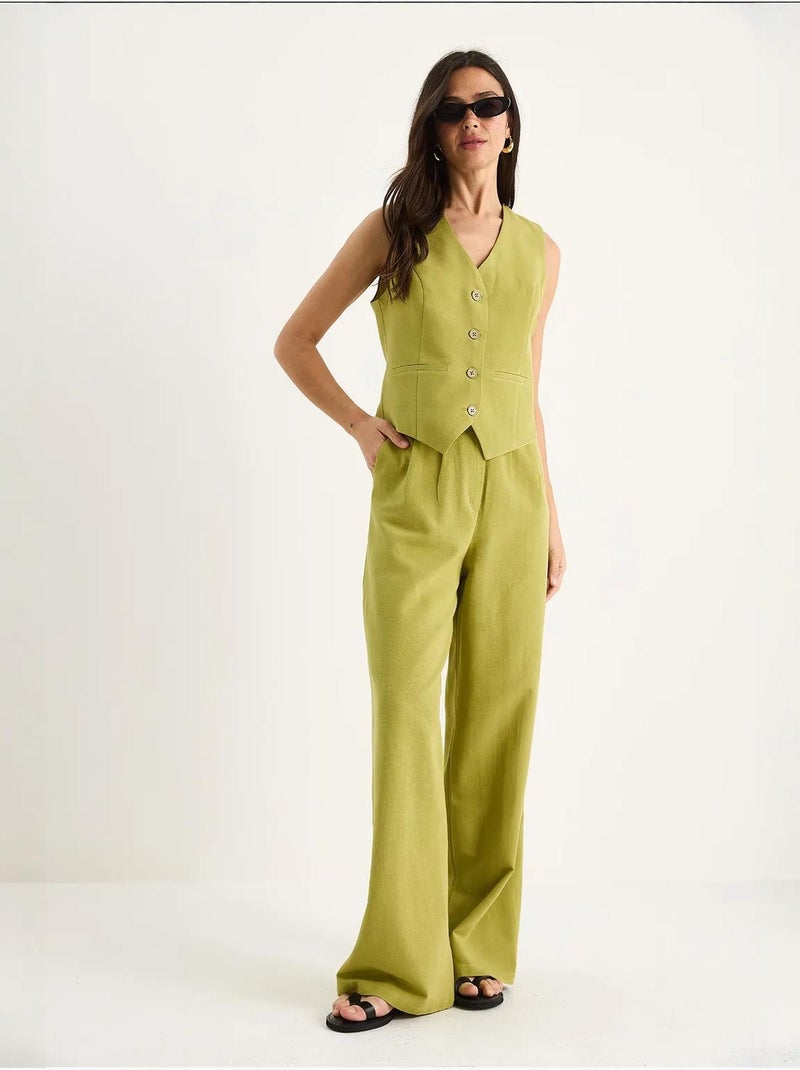 Conjunto coord de duas peças com colete de decote em v e calças de perna larga lucci Verde tília - Kiabi