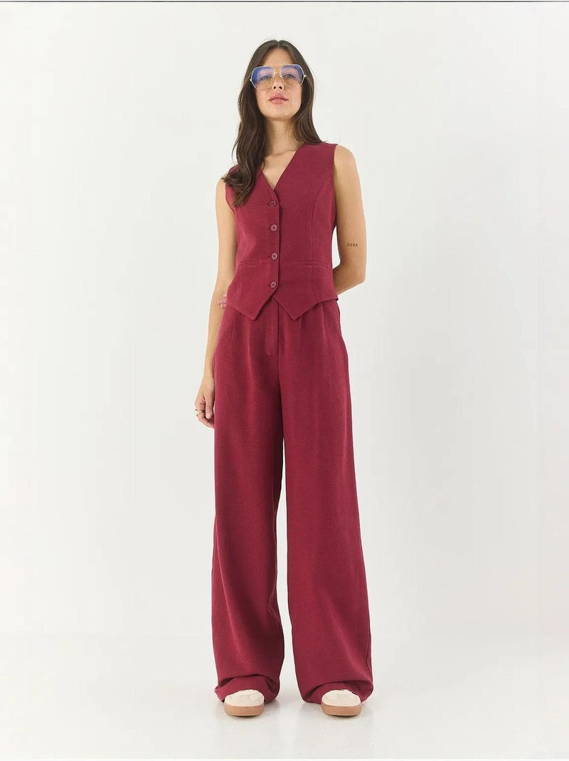 Conjunto coord de duas peças com colete de decote em v e calças de perna larga lucci Vermelho bordô - Kiabi