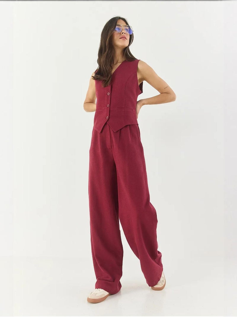 Conjunto coord de duas peças com colete de decote em v e calças de perna larga lucci Vermelho bordô - Kiabi