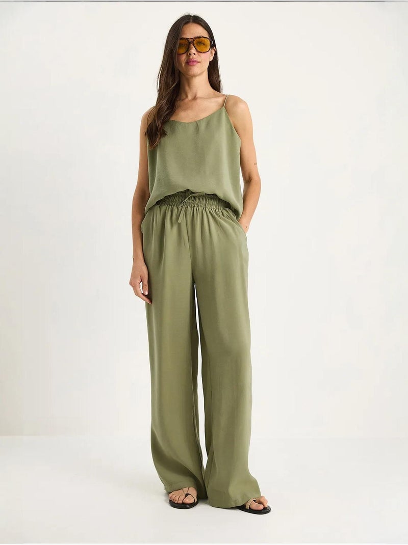 Conjunto coordenado com camisola sem mangas e calças de perna larga lucci Cáqui - Kiabi