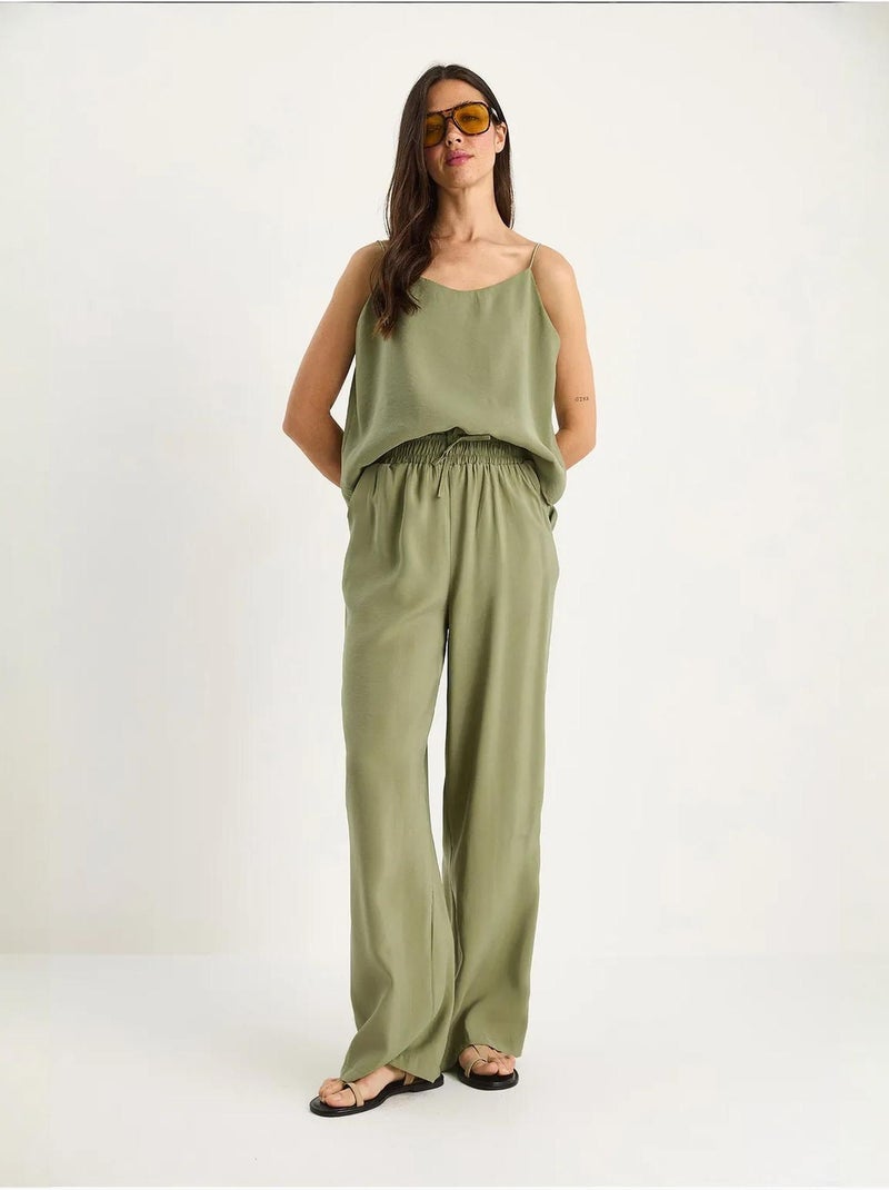 Conjunto coordenado com camisola sem mangas e calças de perna larga lucci Cáqui - Kiabi